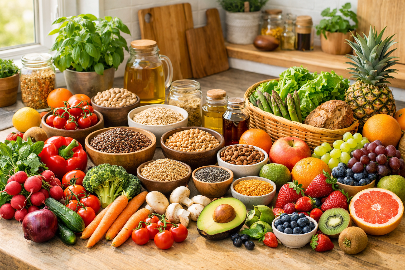 colorful fresh vegetables fruits and whole grains arranged on kitchen counter representing DASH diet foods in bright daylight